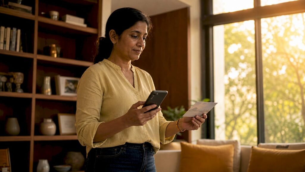 Woman verifying Google business listing with postcard