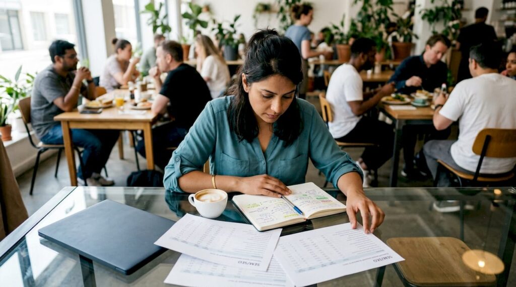 Woman reviewing printed keyword research at home desk