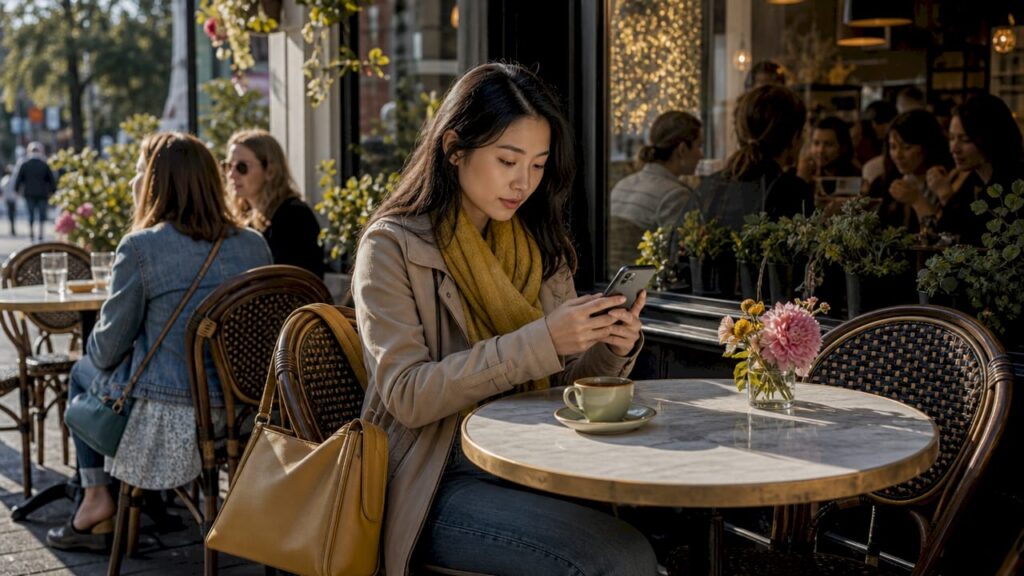 Woman using smartphone outside local café