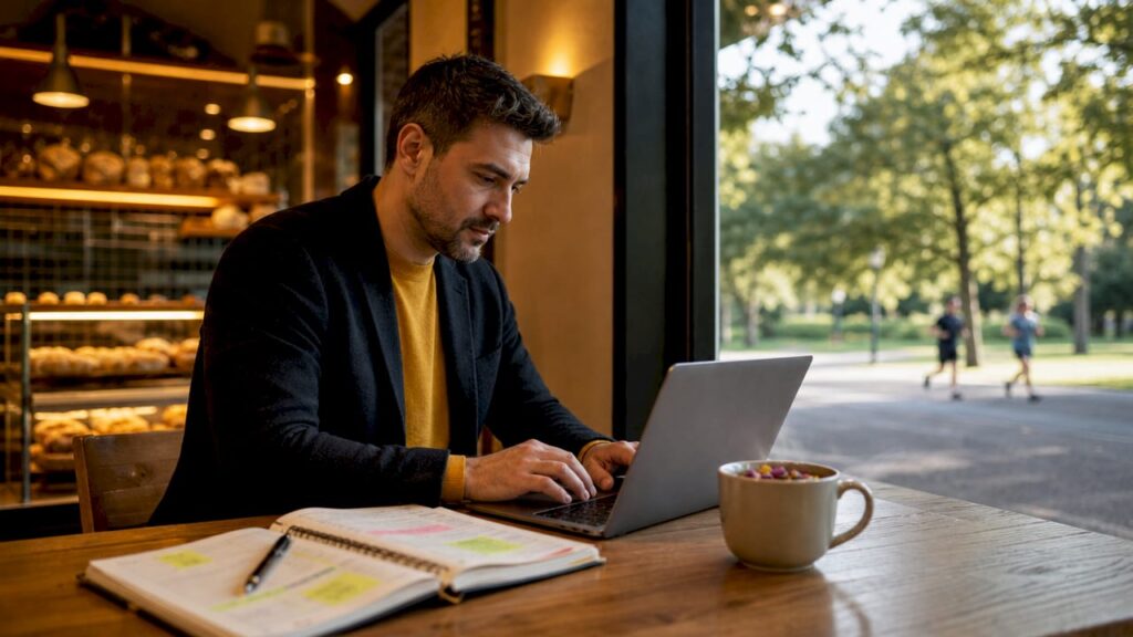 Business owner adding local SEO keywords on laptop