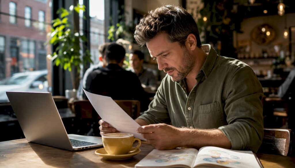 Small business owner reviewing Google ranking printout