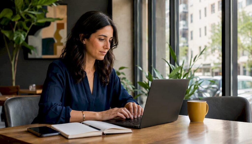 Woman setting up business messaging on laptop